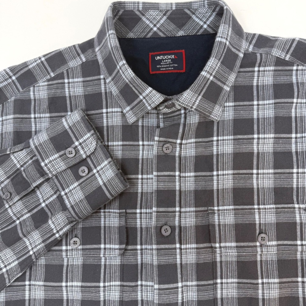 UNTUCKit Mens Large Grey Light Blue Plaid Flannel Shirt 41713 Organic Cotton‎